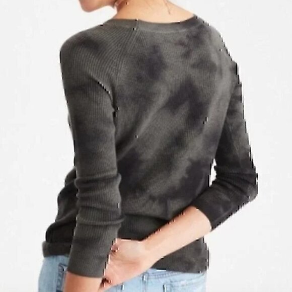 AMERICAN EAGLE Gray Tie Dye Lace Up Shoulder Lightweight Boho Crew Neck Sweater - Picture 3 of 12